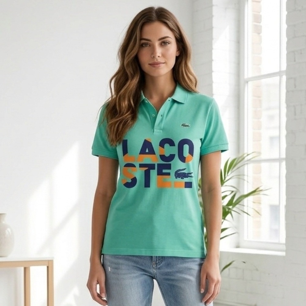 Lacoste Polo Shirt Mens M Green Graphic Logo Print Short Sleeve Cotton Casual